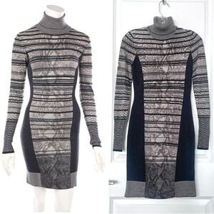 KAREN MILLEN Sweater Knit Dress Print Blocked Snake Pattern Mock Neck Longsleeve